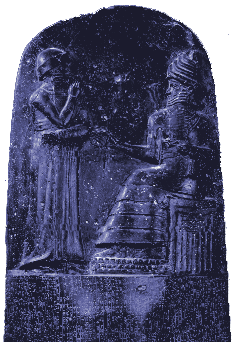 Stele: Hammurabi vor Schamasch, mit den Gesetzen darunter